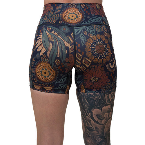 back of 5 inch boho floral patterned shorts