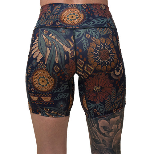 back of 7 inch boho floral patterned shorts
