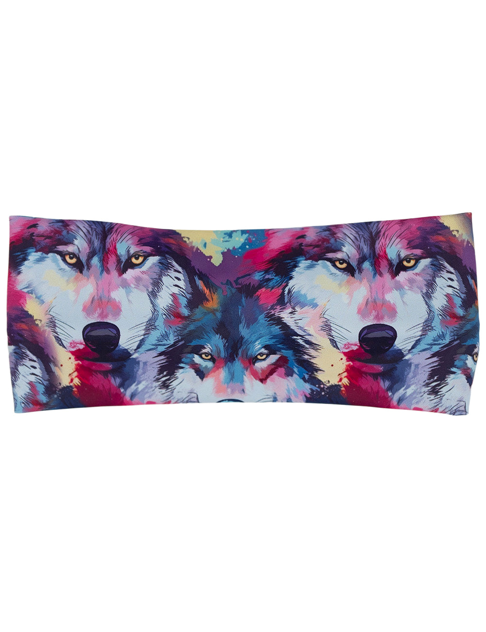 front of the red, blue, white, and yellow water color wolves against a white background