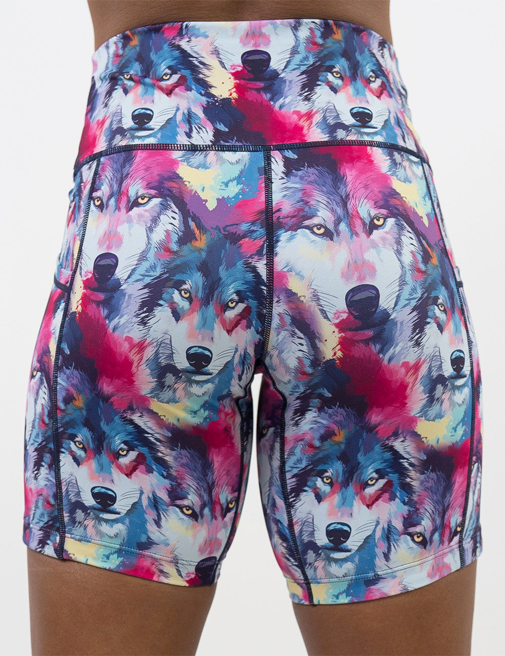 back of the 7 inch red, white, blue, and yellow shorts against a white background
