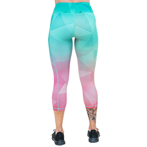 back of capri length teal and pink ombre leggings
