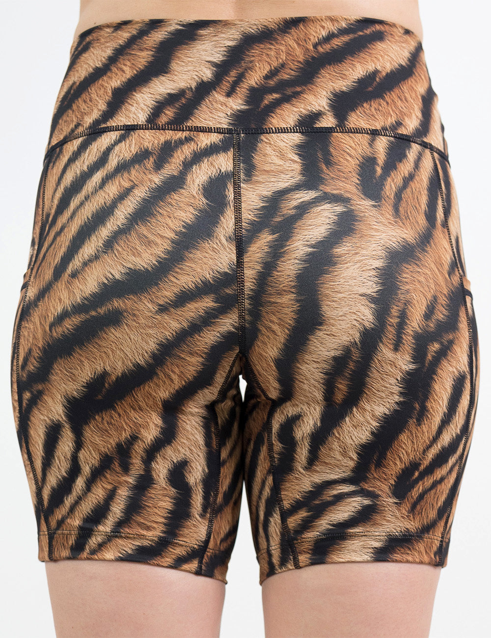 back of the 7 inch tiger print shorts against a white background