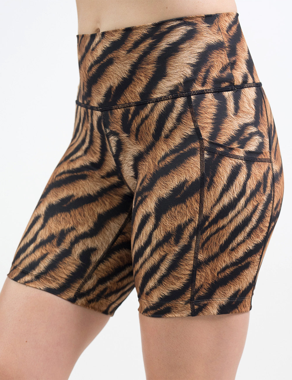 front of the 7 inch tiger print shorts against a white background