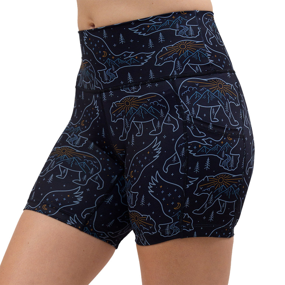 bird and bear outlines against a dark background 5 inch shorts facing the front against a white background