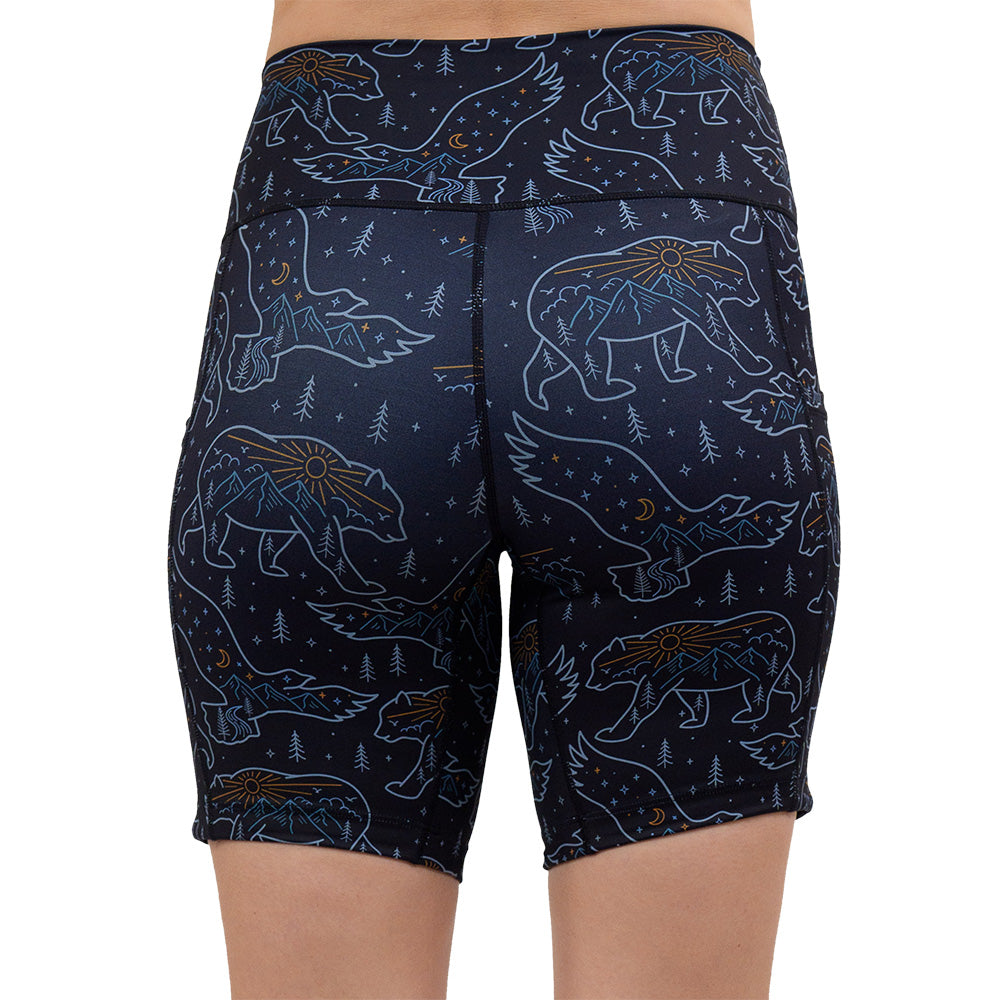 back of the bird and bear outlines against a dark background 7 inch shorts against a white background