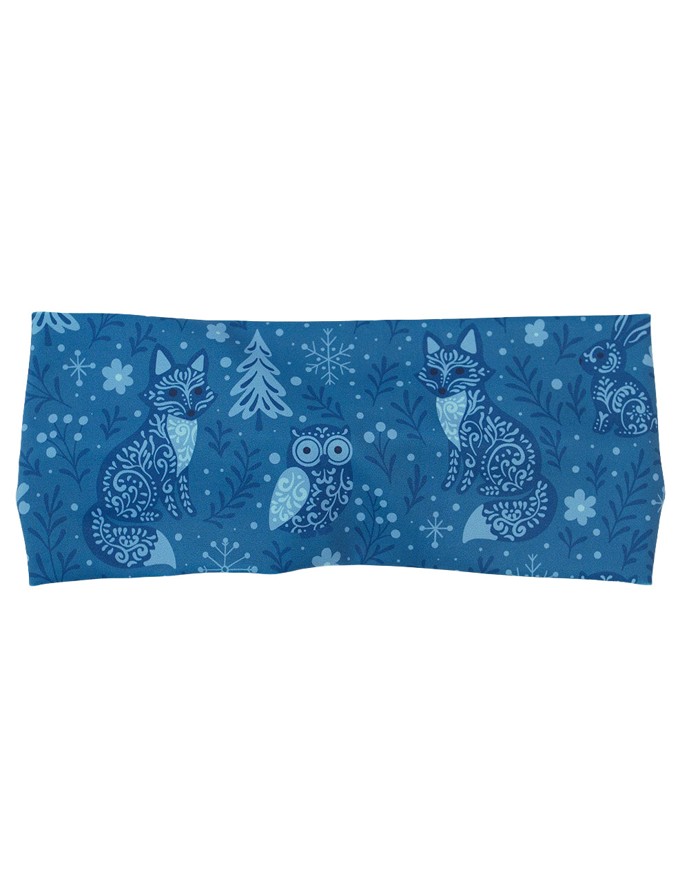 front of the blue foxes, owls, and bunnies in a winter landscape headband