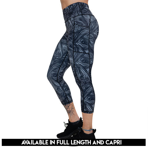 grey and black smoke patterned leggings available in full length and capri