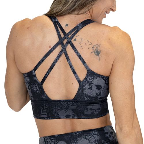 back of grey and black skull and butterfly bra