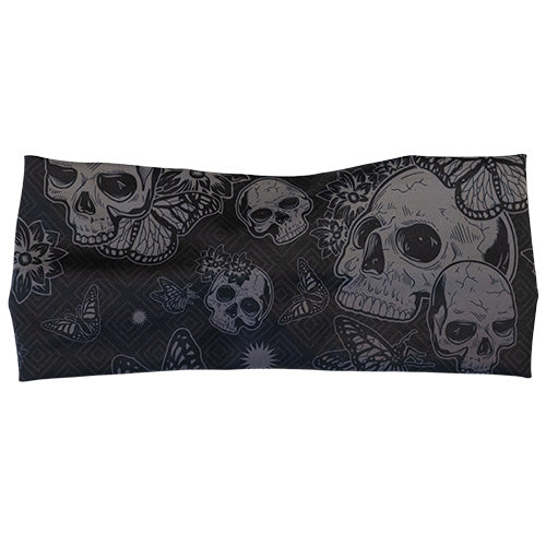 front of grey and black skull and butterfly headband