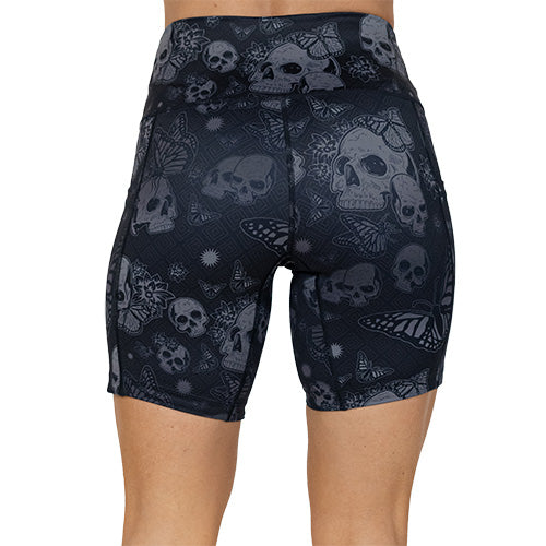 back of grey and black skull and butterfly shorts