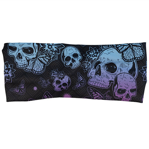 front of purple and blue skull and butterfly headband