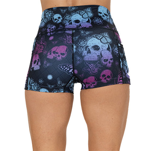 back of 2.5 inch purple and blue skull and butterfly shorts
