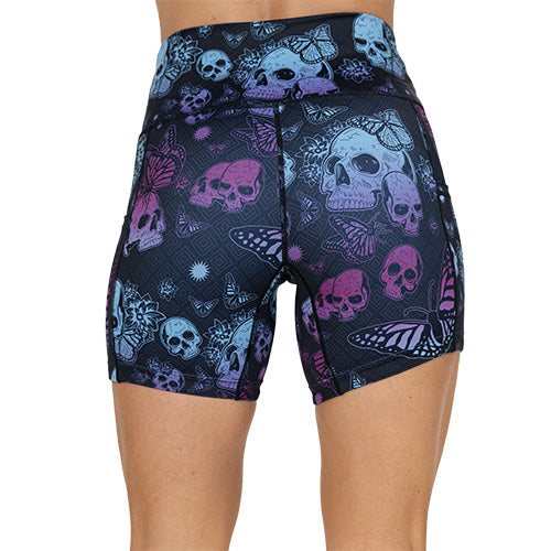 back of 5 inch purple and blue skull and butterfly shorts