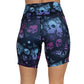 back of 7 inch  purple and blue skull and butterfly shorts