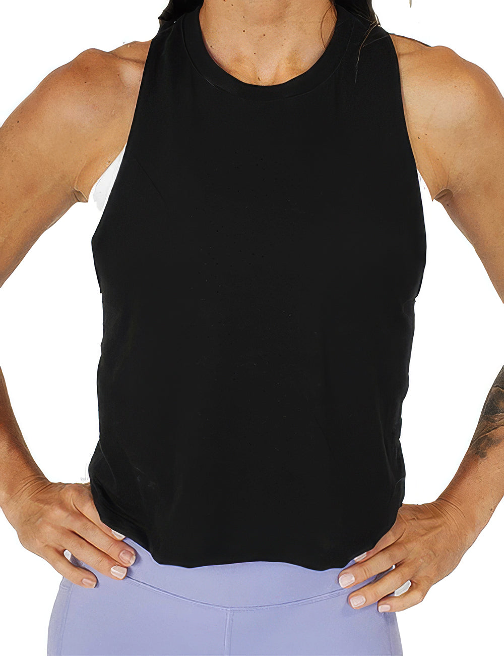 front of the black waist length crop top against a white background