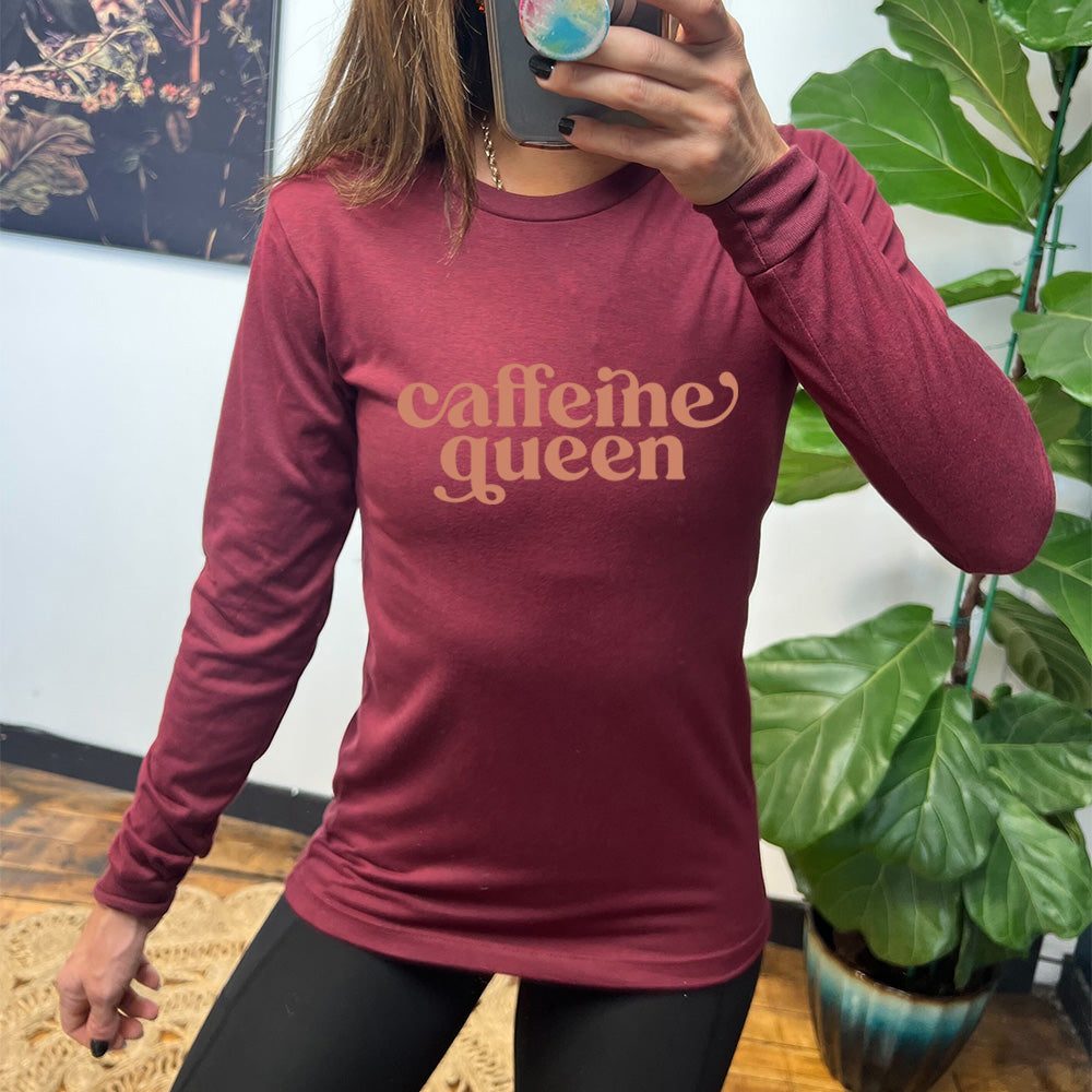 heather cardinal long sleeve tee with the text "Caffeine Queen" on it