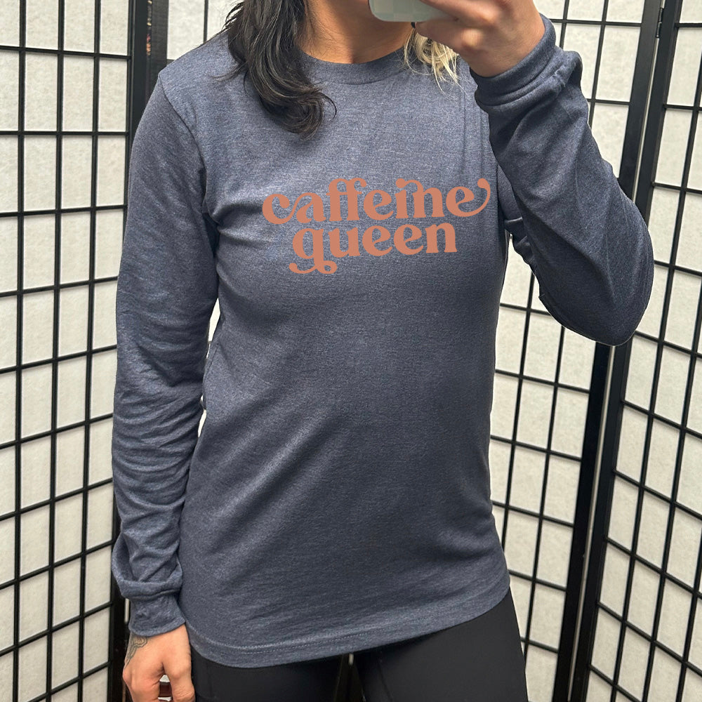 heather navy long sleeve tee with the text "Caffeine Queen" on it