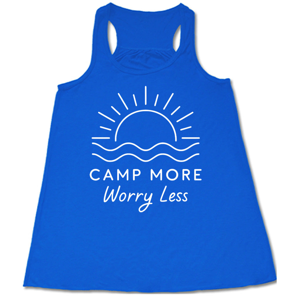 blue flowy tank with the words "camp more worry less" on it, under the line art graphic of a large sun over water