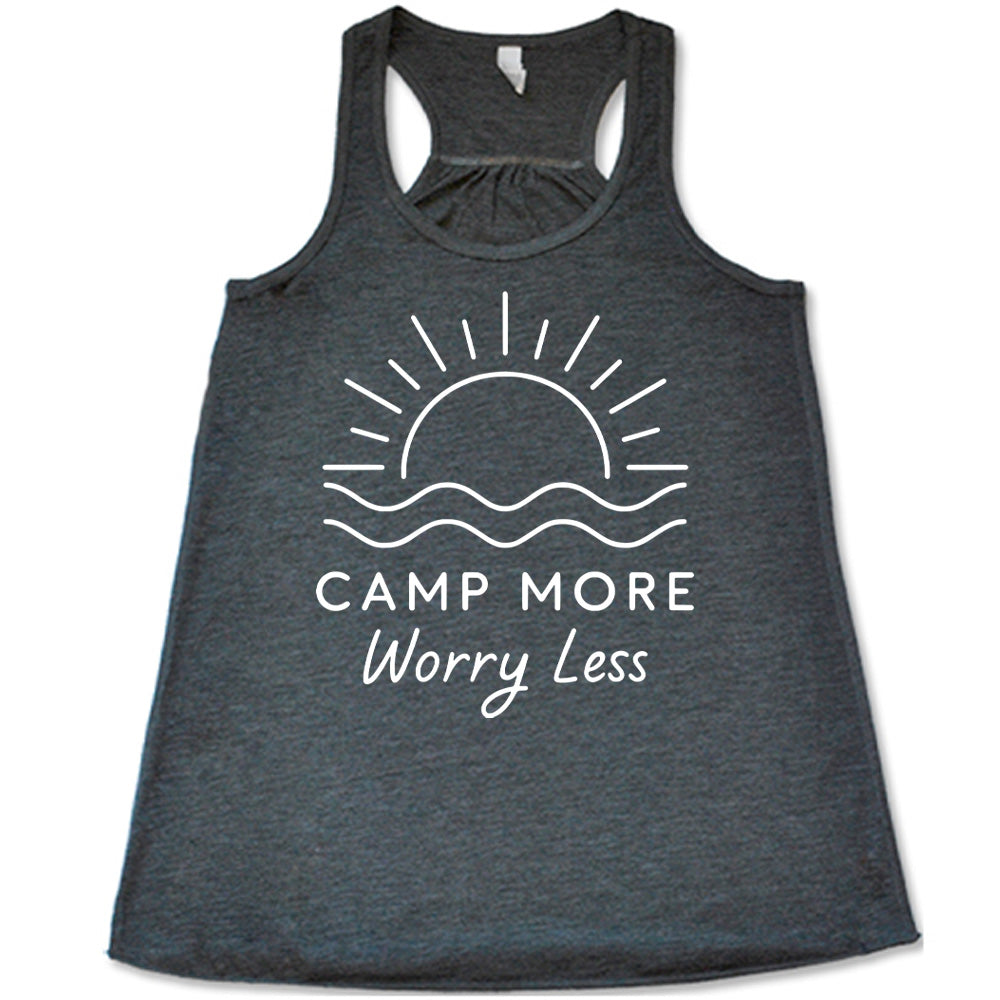 grey flowy tank with the words "camp more worry less" on it, under the line art graphic of a large sun over water
