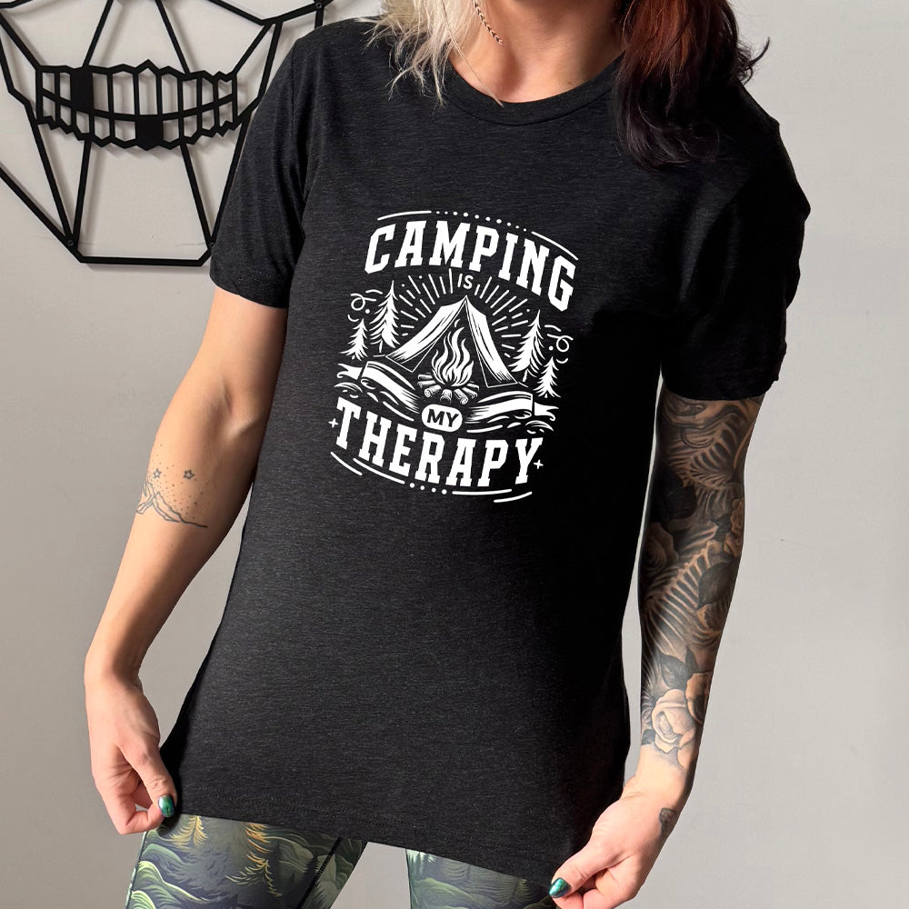 shirt with a campfire graphic on it that says "Camping Is My Therapy" 