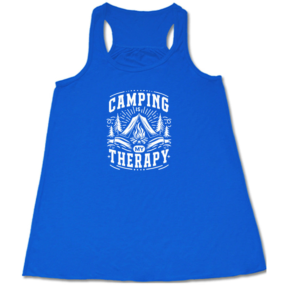 Blue colored flowy tank with a campfire graphic on it that says "Camping Is My Therapy" 