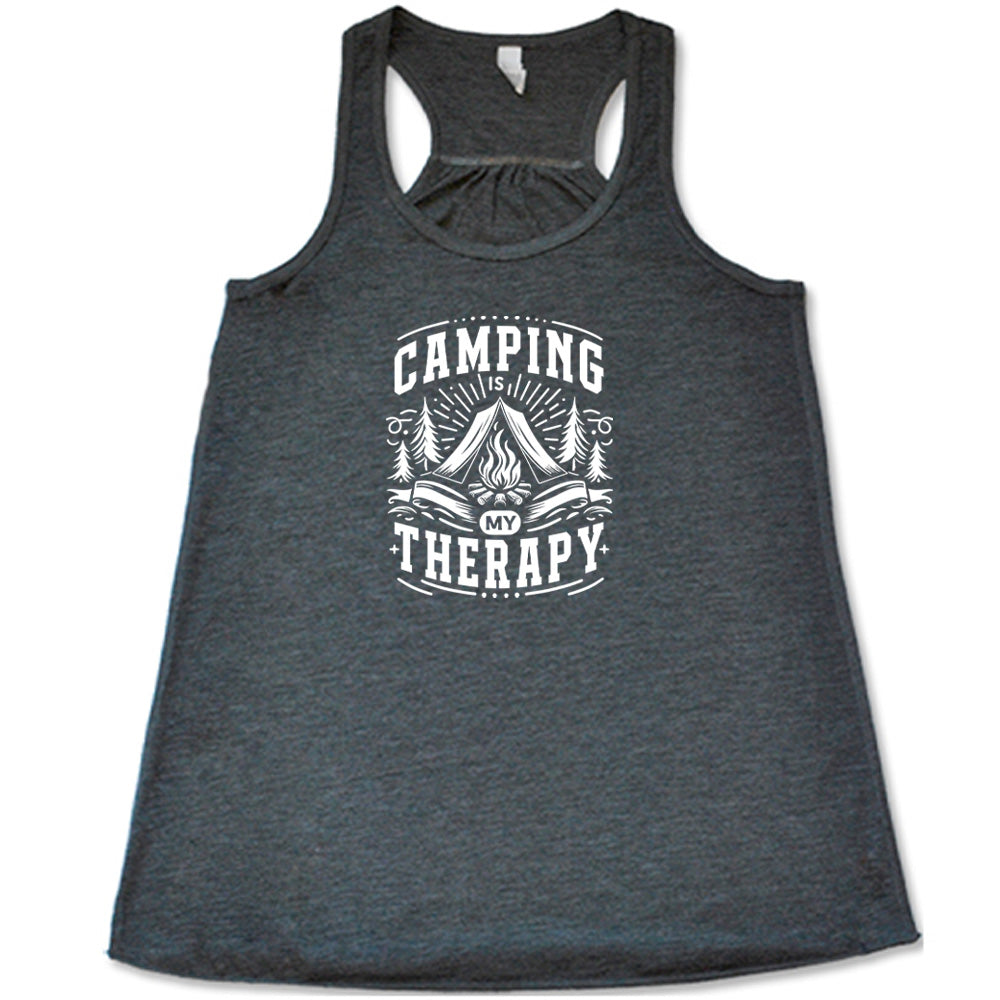 Grey colored flowy tank with a campfire graphic on it that says "Camping Is My Therapy" 