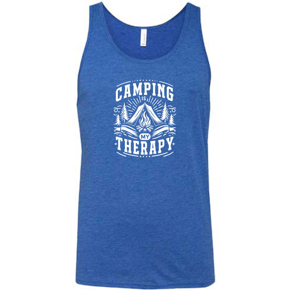 Blue colored tank with a campfire graphic on it that says "Camping Is My Therapy" 