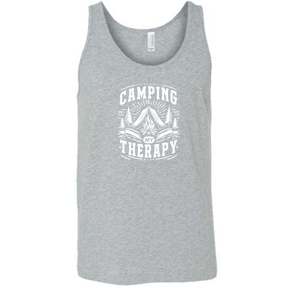 Grey colored tank with a campfire graphic on it that says "Camping Is My Therapy" 