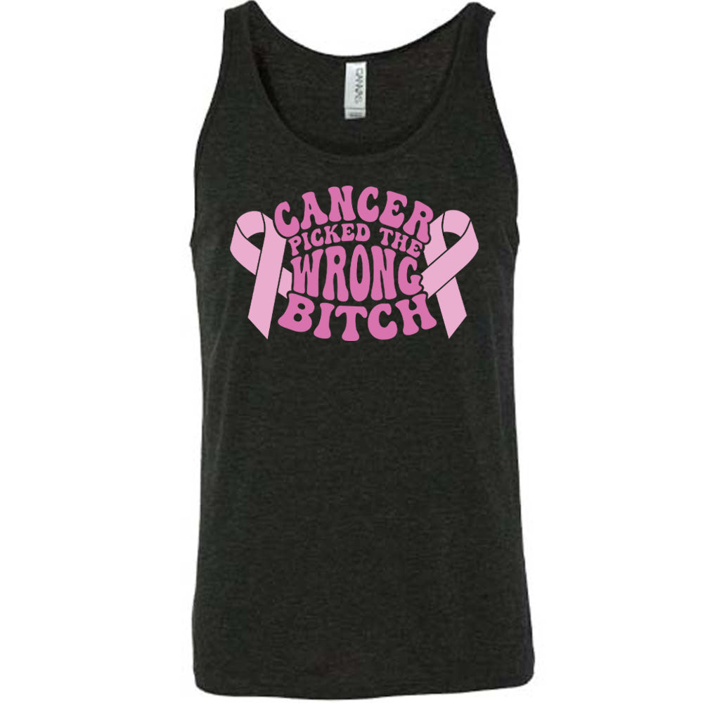 Black t-shirt with pink breast cancer ribbon and text "Cancer Picked The Wrong Bitch" on a white background