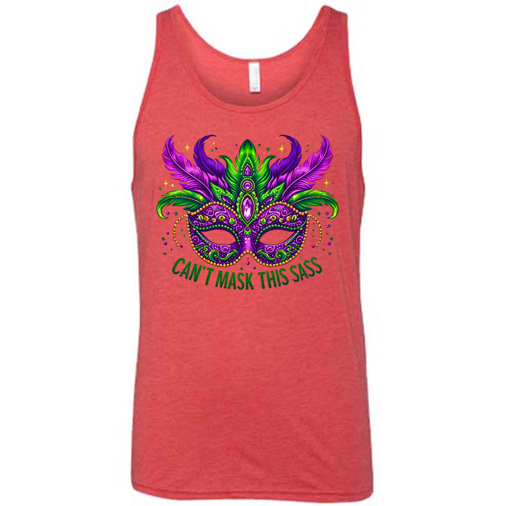 red unisex tank with the graphic of a fancy, feathered and bejeweled, and colorful mardi gras mask, and words underneath saying "can't mask this sass"