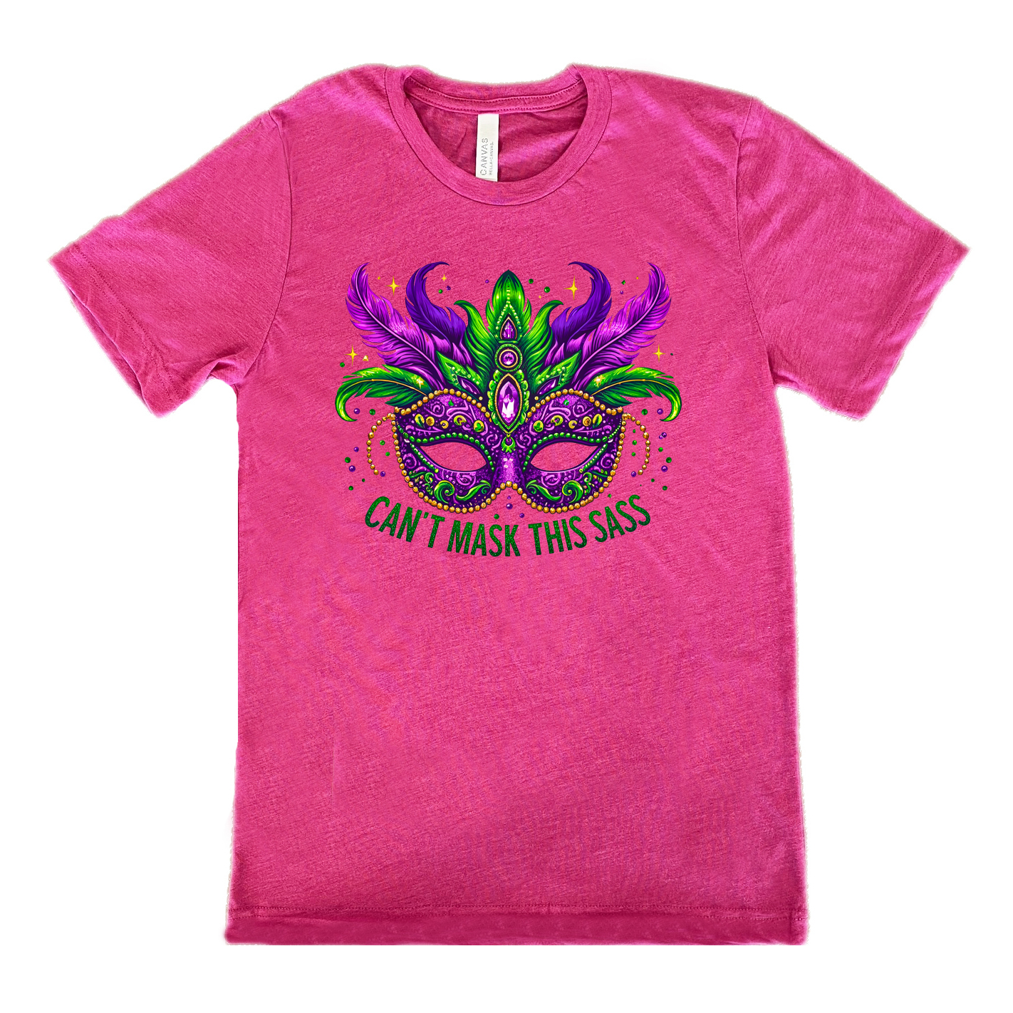 berry unisex tee with the graphic of a fancy, feathered and bejeweled, and colorful mardi gras mask, and words underneath saying "can't mask this sass"