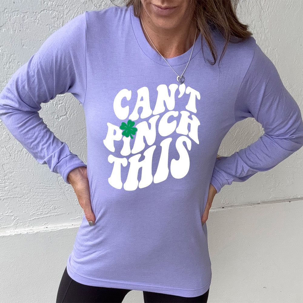 heather dark lavender long sleeve with the words "can't pinch this" with a clover above the "i" of "pinch"