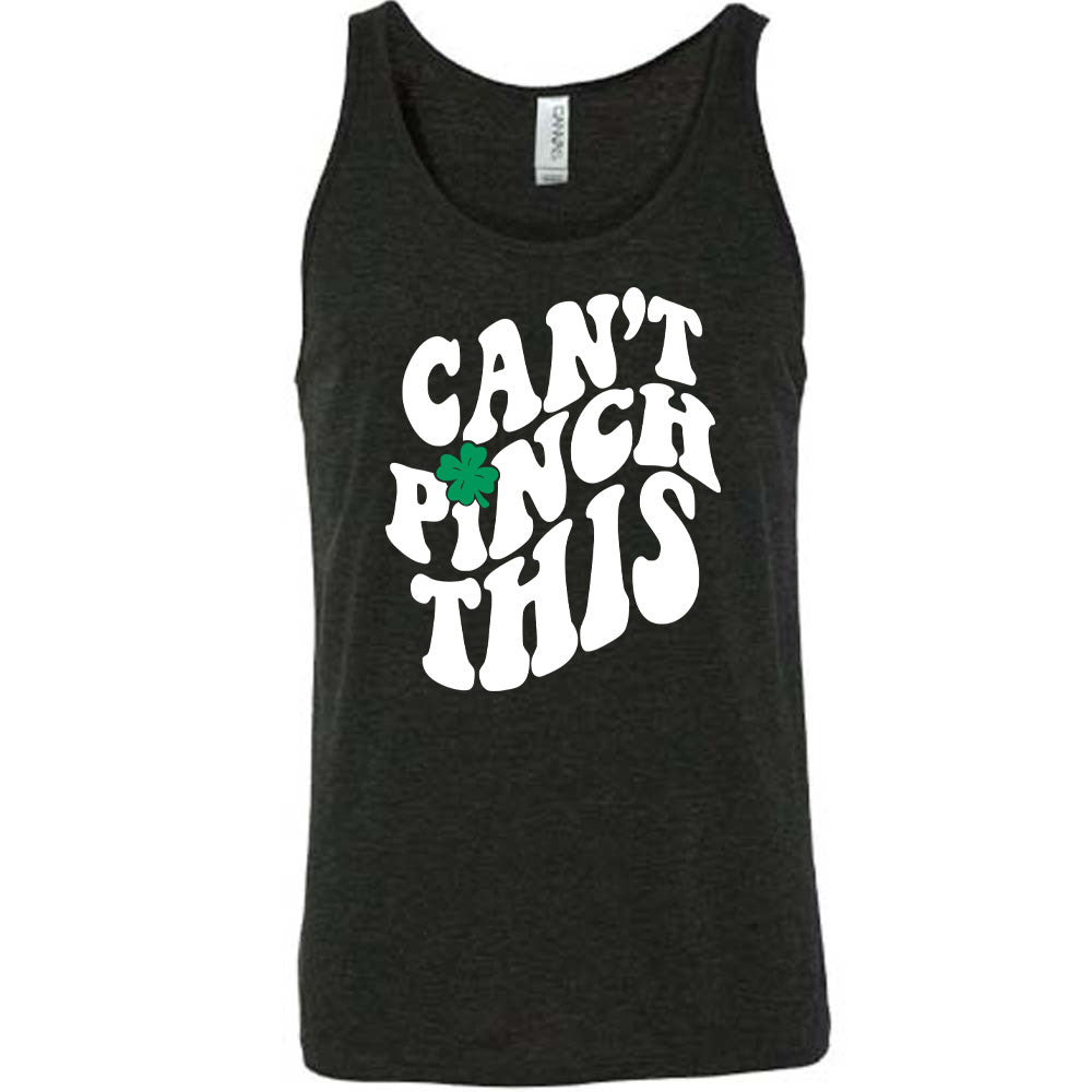 black unisex tank with the words "can't pinch this" with a clover above the "i" of "pinch"