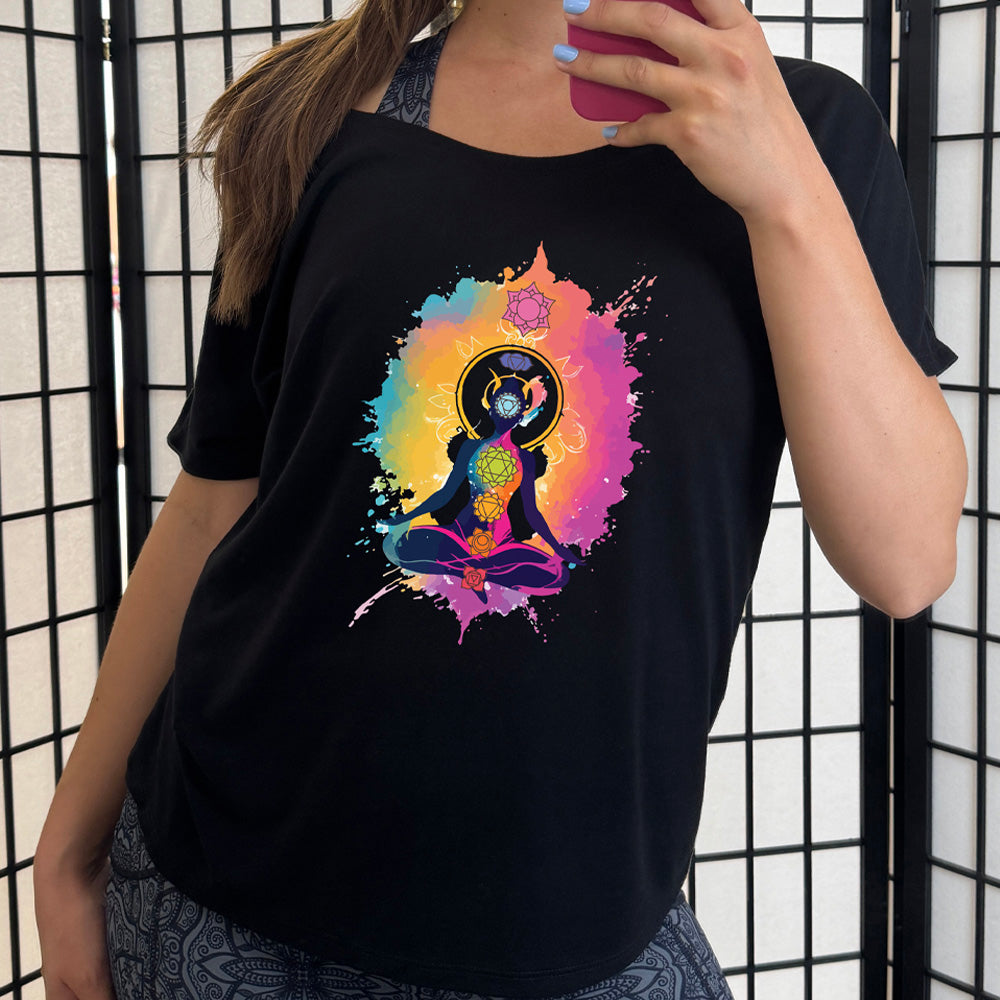 Black slouchy shirt with graphics of chakras and a person meditating 