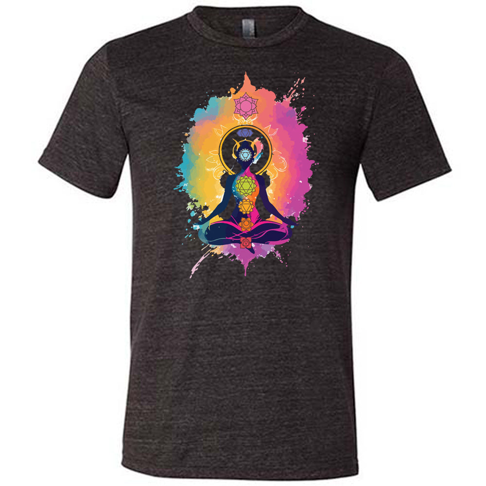 Black Unisex Tee with graphics of chakras and a person meditating 