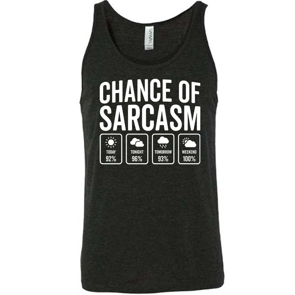 Black Unisex Tank with Chance of Sarcasm in white lettering, with four weather predictions below