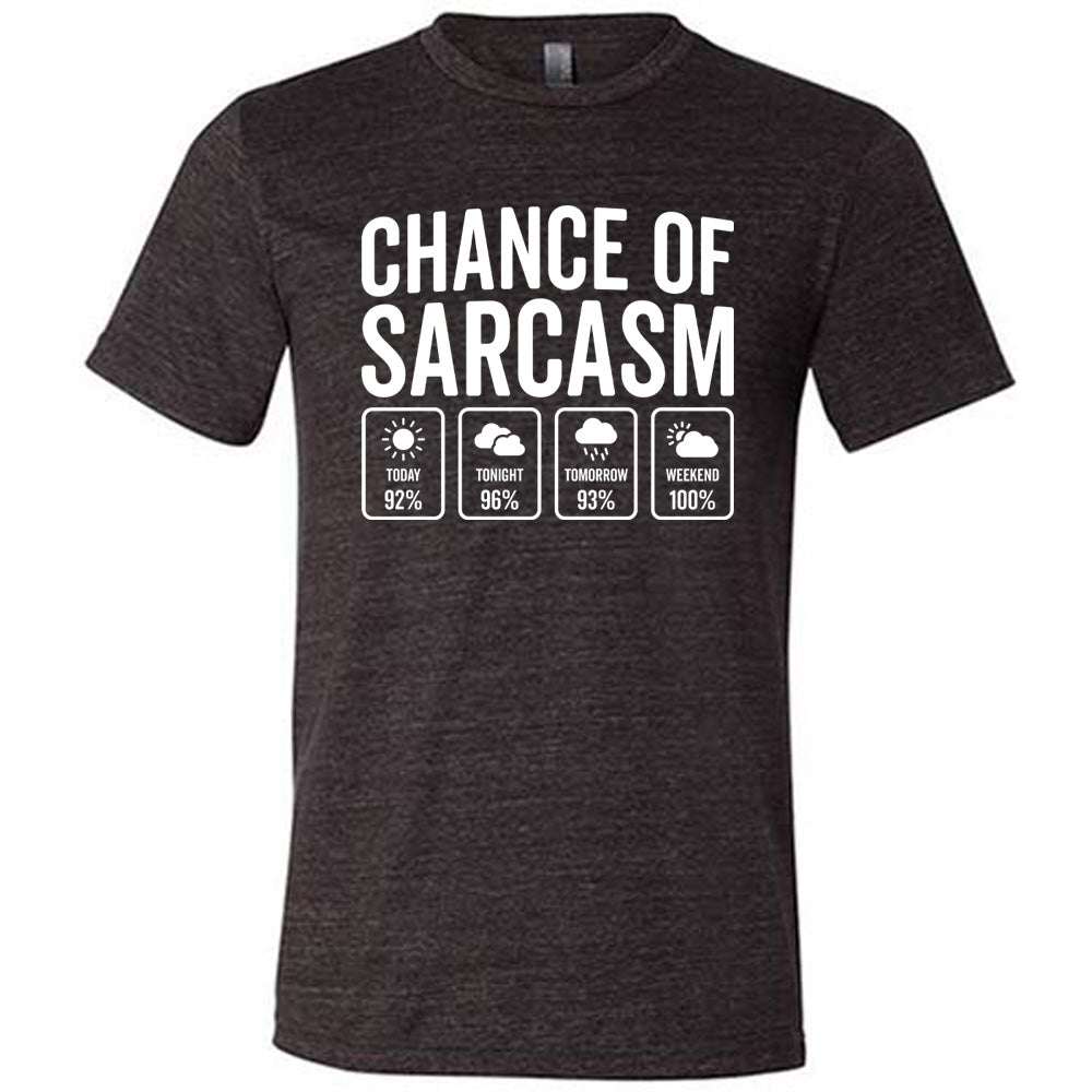 Black Unisex Tee with Chance of Sarcasm in white lettering, with four weather predictions below