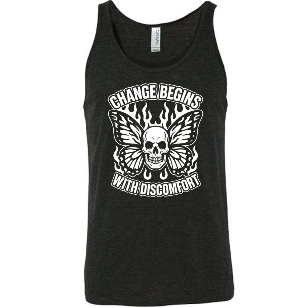 black unisex tank with the words "change begins with discomfort" surrounding the graphic of a skull with flaming butterfly wings 