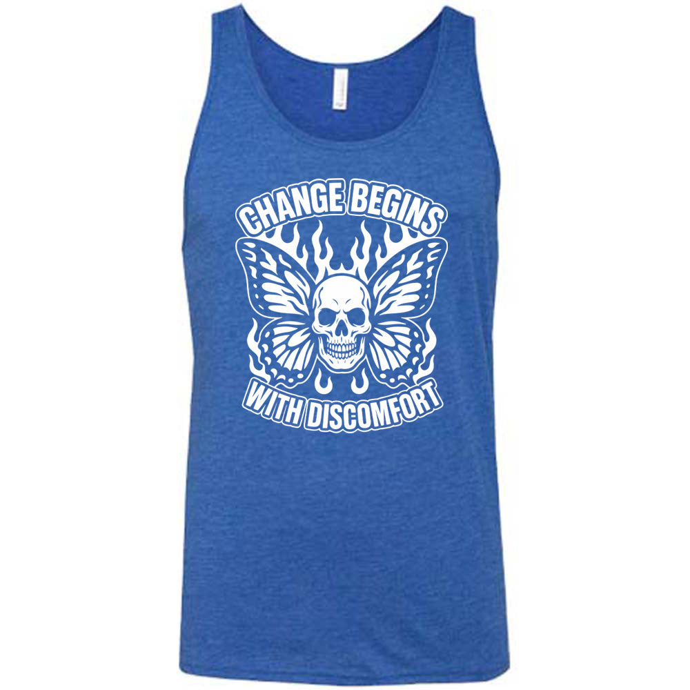 blue unisex tank with the words "change begins with discomfort" surrounding the graphic of a skull with flaming butterfly wings 