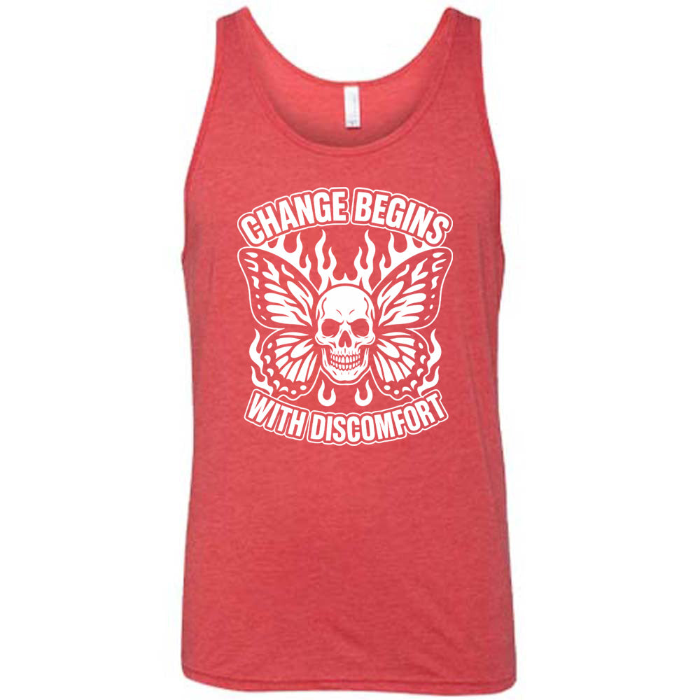 red unisex tank with the words "change begins with discomfort" surrounding the graphic of a skull with flaming butterfly wings 
