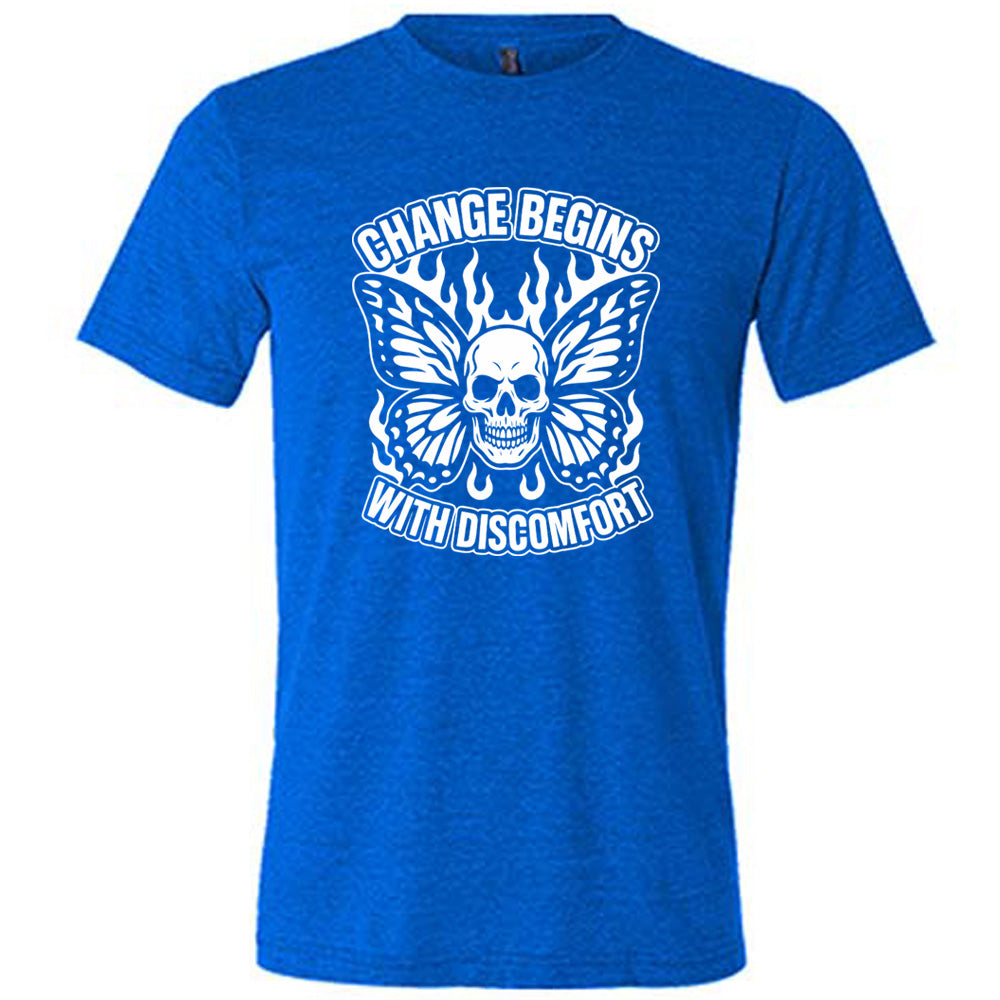 blue unisex tee with the words "change begins with discomfort" surrounding the graphic of a skull with flaming butterfly wings 