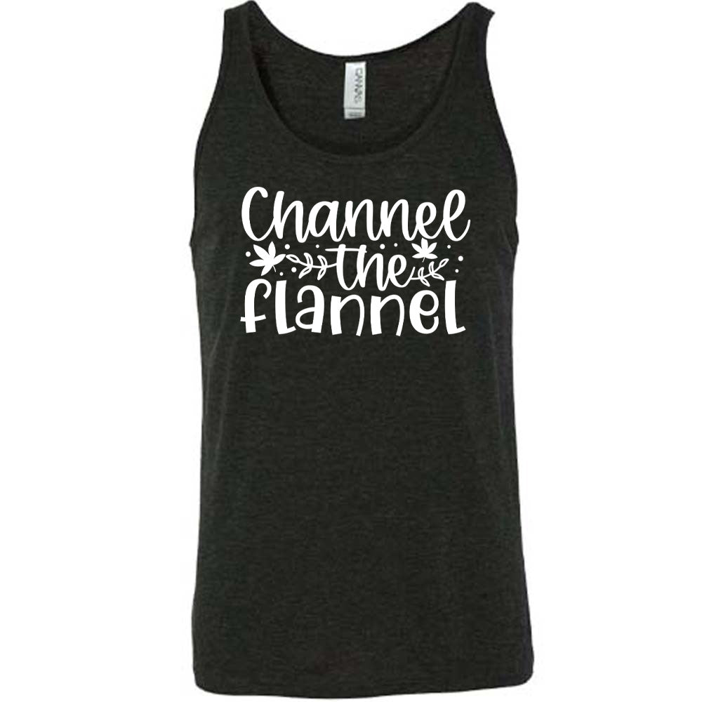 Black colored tank with fall leaf graphic on it that says "Channel The Flannel"