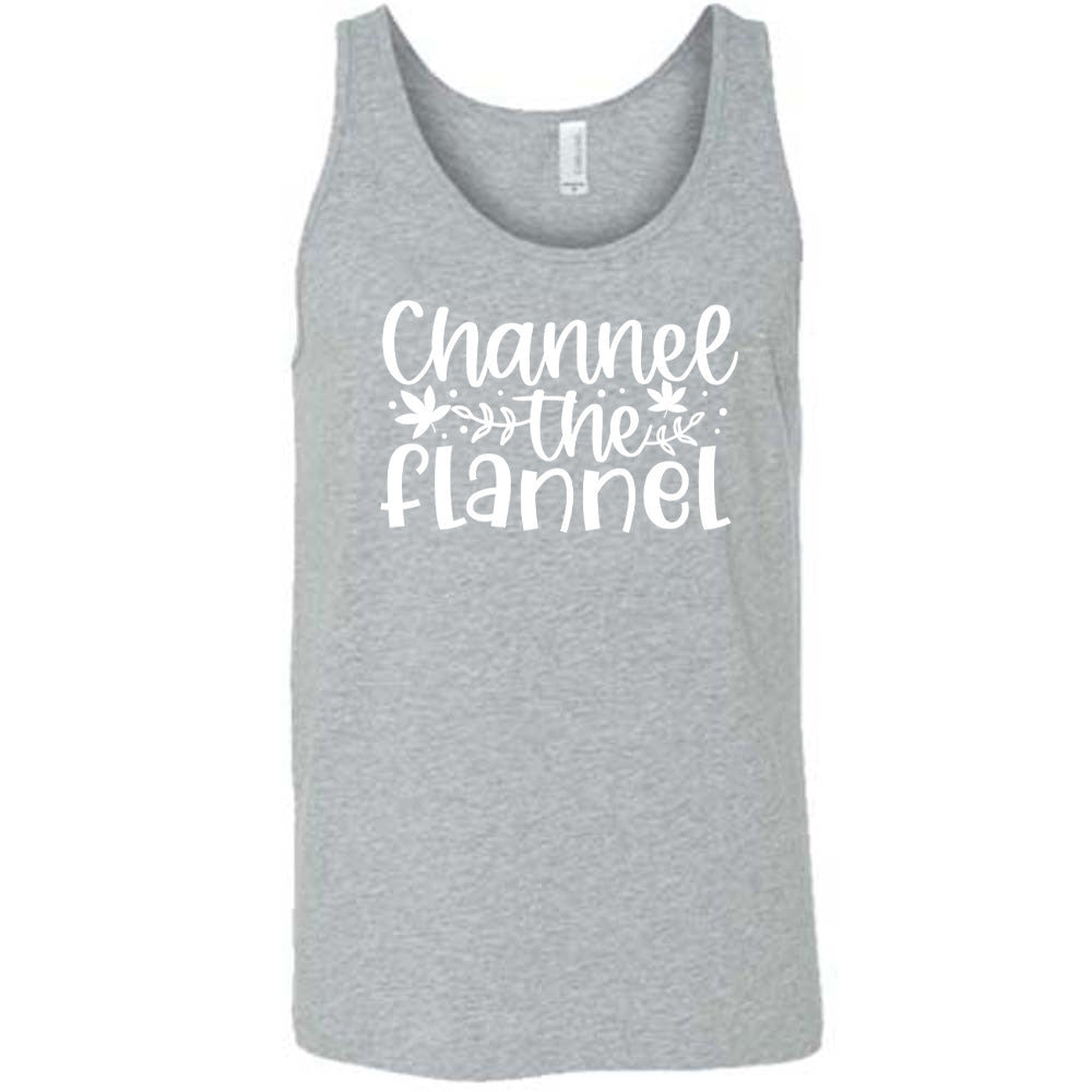 Grey colored tank with fall leaf graphic on it that says "Channel The Flannel"