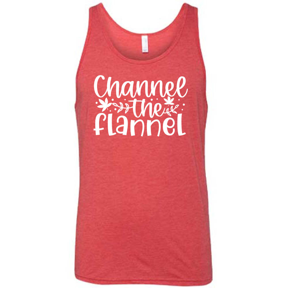 Red colored tank with fall leaf graphic on it that says "Channel The Flannel"