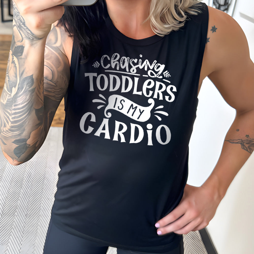 Black colored muscle tank with a graphic on it that says "Chasing Toddlers is My Cardio"