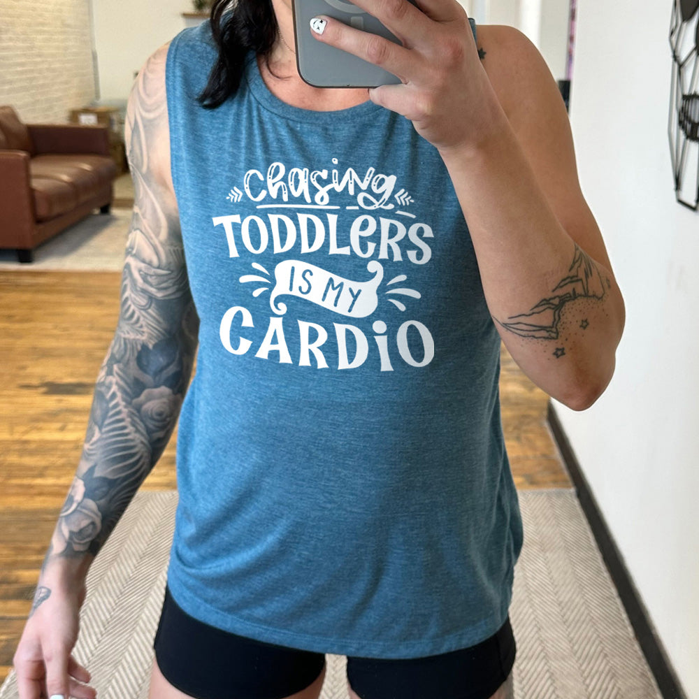 deep teal muscle tank with a graphic on it that says "Chasing Toddlers is My Cardio"