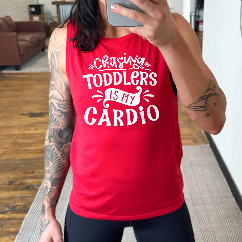 Red colored muscle tank with a graphic on it that says "Chasing Toddlers is My Cardio"