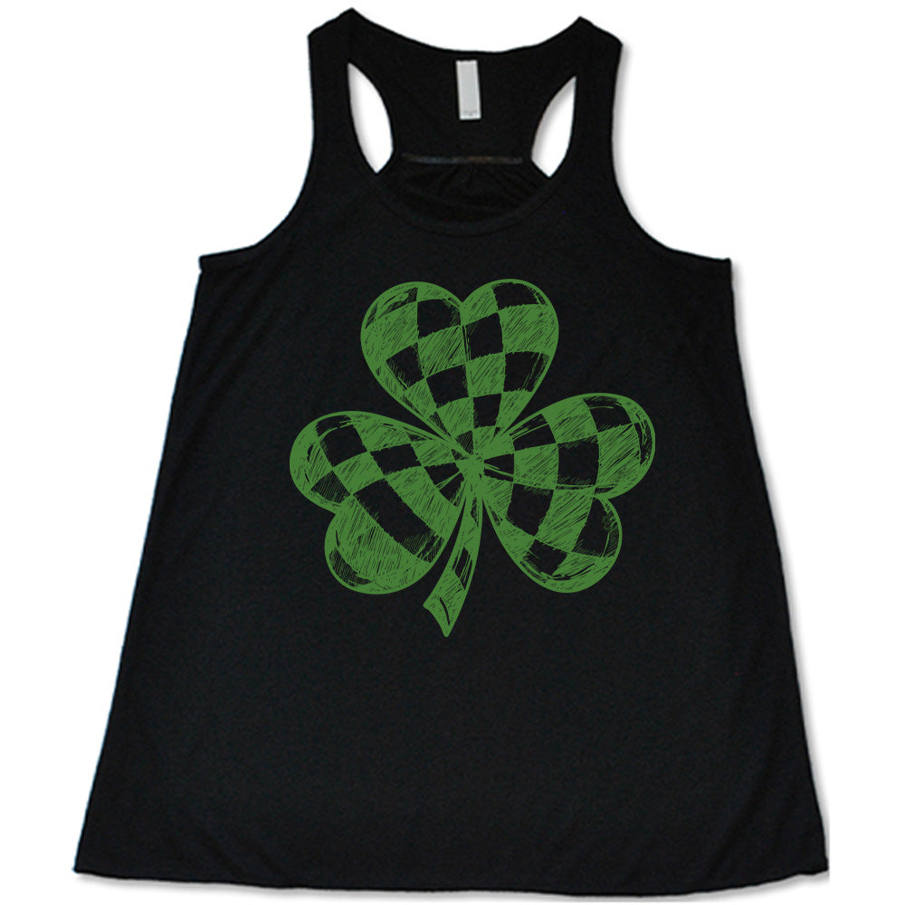 black flowy tank with the large graphic of a shamrock that is checkered on the inside