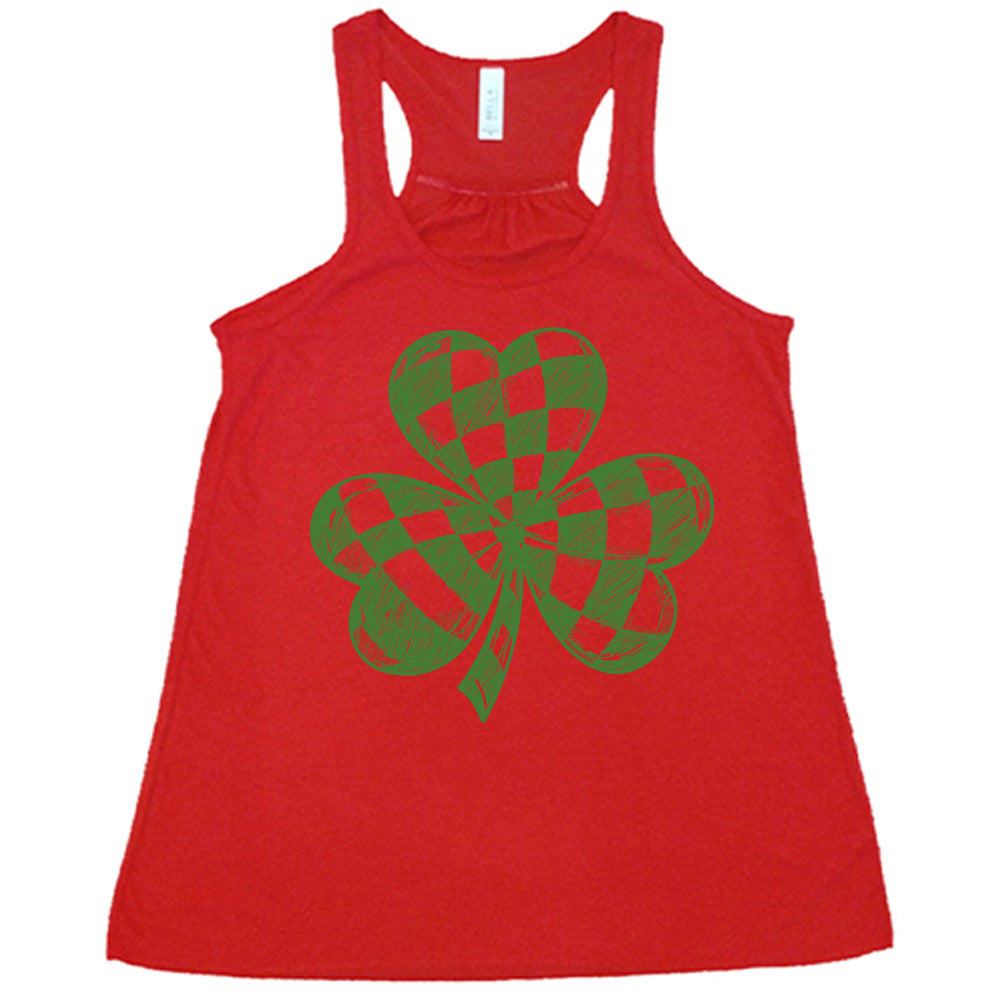 red flowy tank with the large graphic of a shamrock that is checkered on the inside