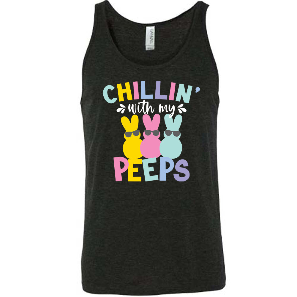black unisex tank with the words "chillin' with my peeps" on it, with the graphic of three candy peeps wearing sunglasses
